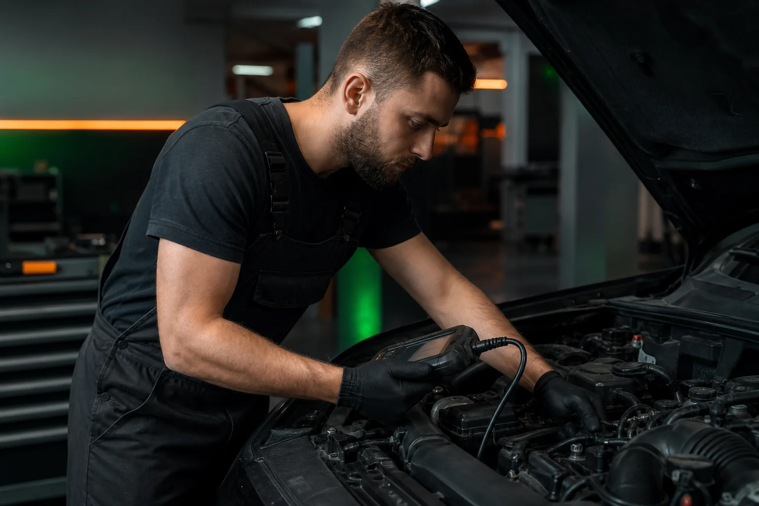 Techniker mit OBD-Scanner am Motor